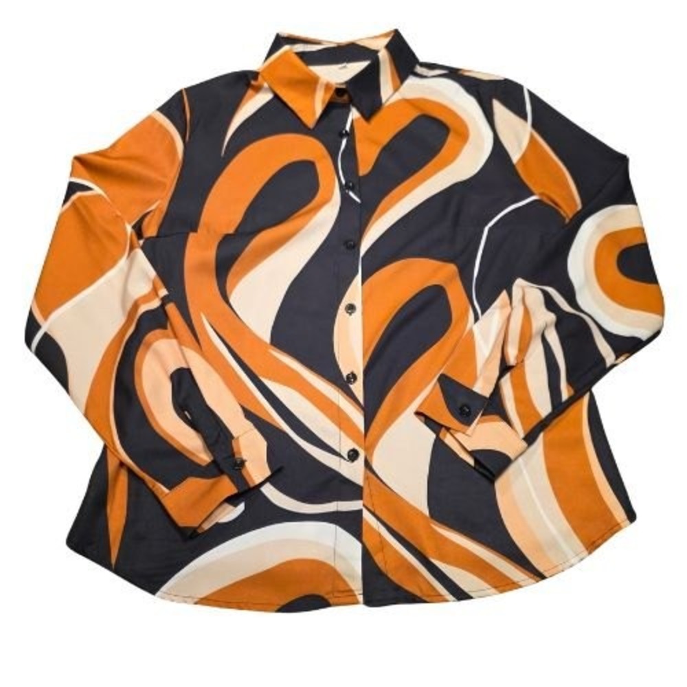 Womens XL Orange Black Abstract Long Sleeve Button Down Shirt Retro 70s Hippie